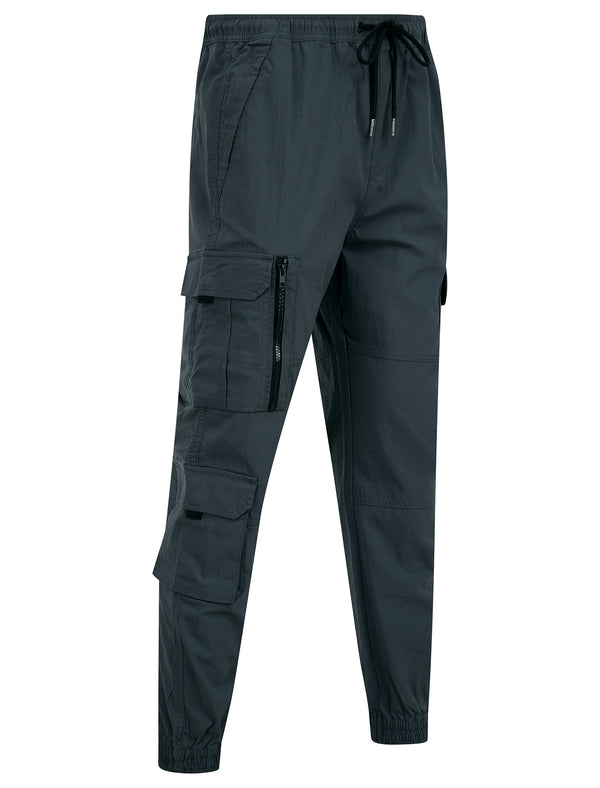 Irazu Stretch Cotton Blend Elastic Waist Multi-Pocket Cargo Trousers in Gray Pinstripe - Tokyo Laundry
