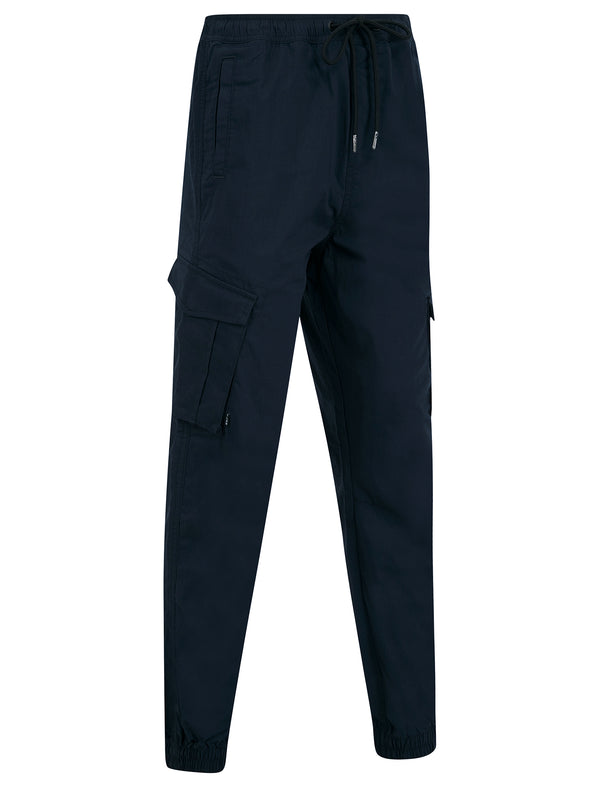 Fairbanks Stretch Cotton Blend Elastic Waist Multi-Pocket Cargo Trousers in Sky Captain Navy - Tokyo Laundry