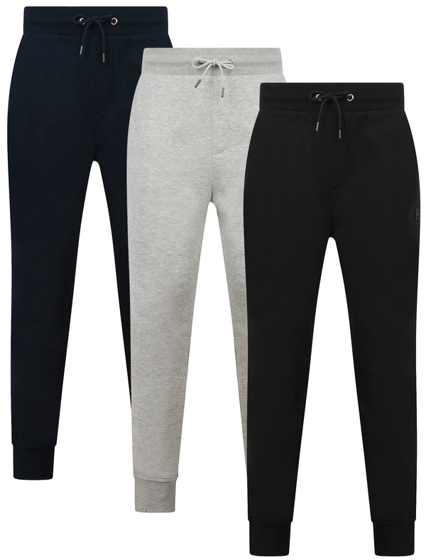 Underground (3 Pack) Basic Cotton Blend Brushback Fleece Joggers Set in Sky Captain Navy / Light Grey Marl / Jet Black - Tokyo Laundry