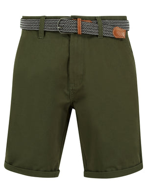 Sheringham Cotton Twill Chino Shorts With Woven Belt in Deep Depths Green - Tokyo Laundry