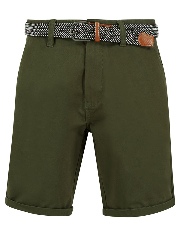 Sheringham Cotton Twill Chino Shorts With Woven Belt in Deep Depths Green - Tokyo Laundry