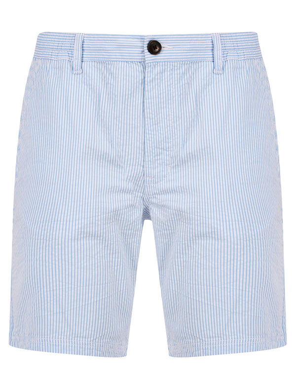 Myrtos Yarn Dyed Seersucker Stripe Cotton Chino Shorts in Blue - Tokyo Laundry