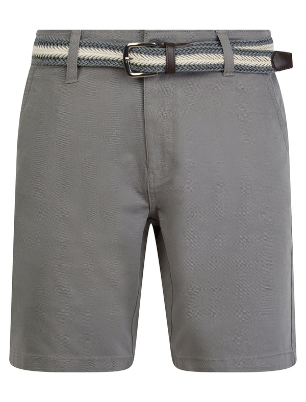 Emiliano Stretch Cotton Twill Chino Shorts with Woven Belt in Oyster Grey - Tokyo Laundry