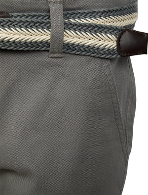 Emiliano Stretch Cotton Twill Chino Shorts with Woven Belt in Oyster Grey - Tokyo Laundry