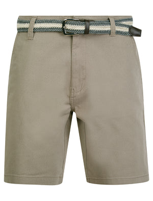 Emiliano Stretch Cotton Twill Chino Shorts with Woven Belt in Stone Cloud - Tokyo Laundry