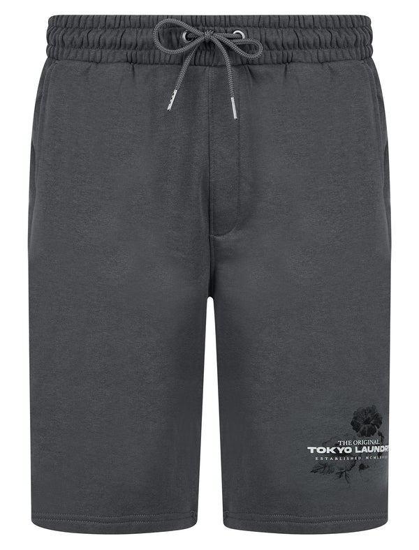 Redact Graphic Motif Brushback Fleece Jogger Shorts in Quiet Shade Grey - Tokyo Laundry