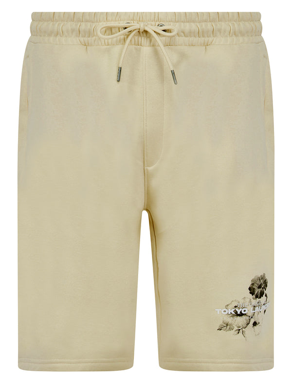 Redact Graphic Motif Brushback Fleece Jogger Shorts in Summer Sand - Tokyo Laundry