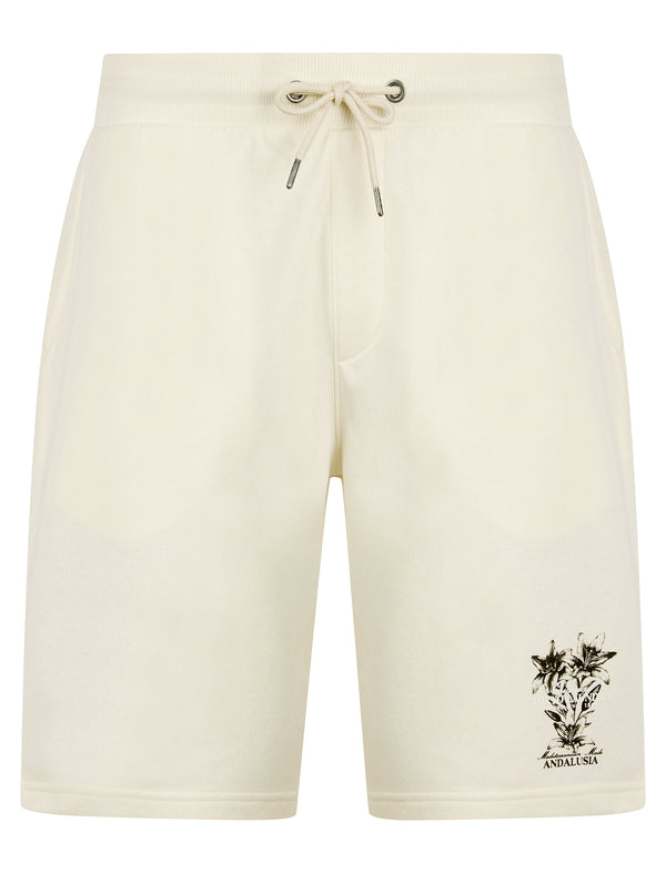 Tarun Graphic Motif Brushback Fleece Jogger Shorts in Pristine Cream - Tokyo Laundry