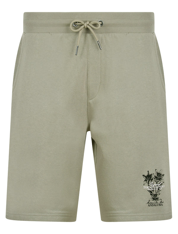 Tarun Graphic Motif Brushback Fleece Jogger Shorts in Seagrass - Tokyo Laundry