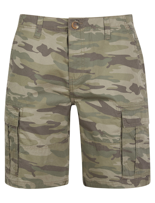 Oakleaf Cotton Twill Multi-Pocket Camoflage Cargo Shorts in Light Khaki Camo - Tokyo Laundry
