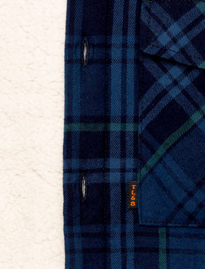 Kotka Borg Lined Cotton Flannel Checked Overshirt Jacket in Blue Check - Tokyo Laundry