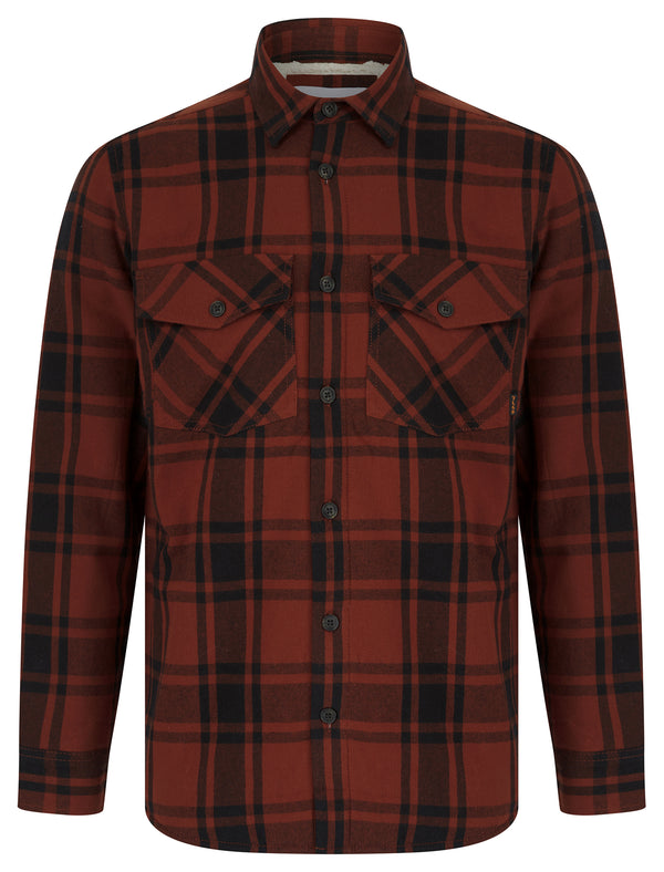 Polpara Sherpa Fleece Lined Cotton Flannel Checked Overshirt Jacket in Fire Brick Red  - Tokyo Laundry