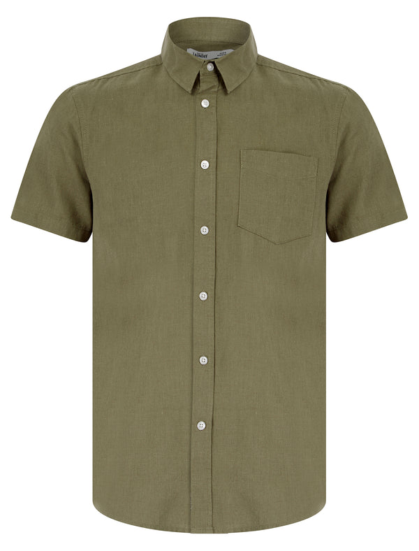 Bertrand  Classic Collar Short Sleeve Cotton Linen Shirt in Light Khaki - Tokyo Laundry