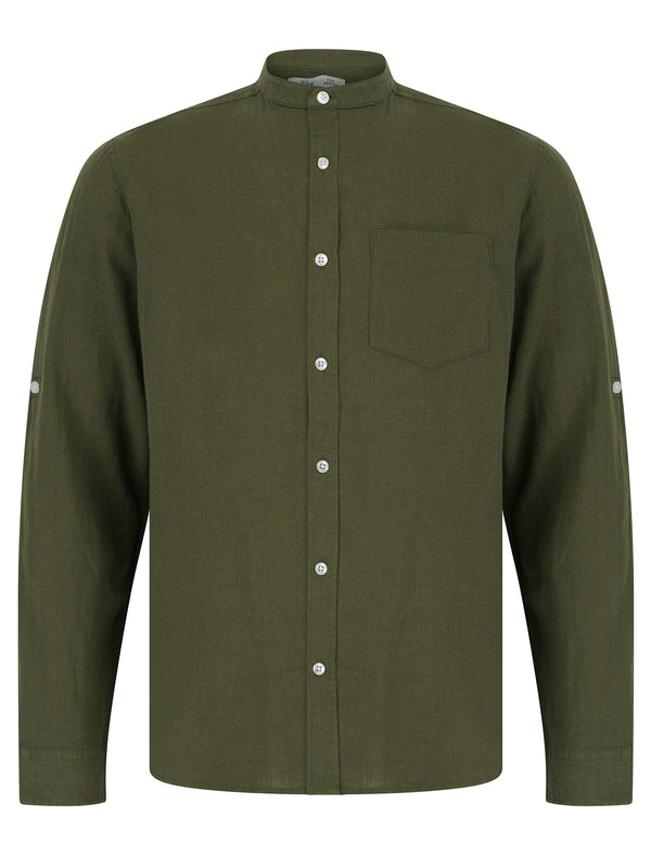 Gosier Grandad Collar Long Sleeve Cotton Linen Shirt in Ivy Green - Tokyo Laundry
