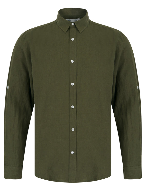 Helios Classic Collar Long Sleeve Cotton Linen Shirt in Ivy Green - Tokyo Laundry