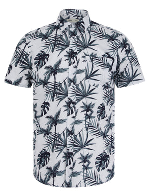 Fortuna Palm Leaf Print Short Sleeve Cotton Poplin Hawaiian Shirt in Bright White - Tokyo Laundry