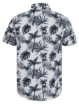 Fortuna Palm Leaf Print Short Sleeve Cotton Poplin Hawaiian Shirt in Bright White - Tokyo Laundry