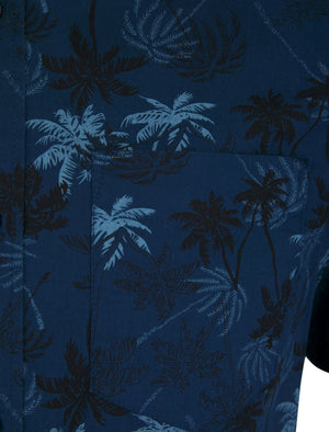 Quintana Palm Leaf Print Short Sleeve Cotton Poplin Hawaiian Shirt in Sargasso Blue - Tokyo Laundry