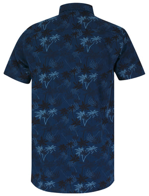 Quintana Palm Leaf Print Short Sleeve Cotton Poplin Hawaiian Shirt in Sargasso Blue - Tokyo Laundry