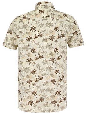 Quintana Palm Leaf Print Short Sleeve Cotton Poplin Hawaiian Shirt in White Onyx - Tokyo Laundry