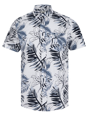 Mahana Tropical Print Short Sleeve Cotton Poplin Hawaiian Shirt in Optic White - Tokyo Laundry