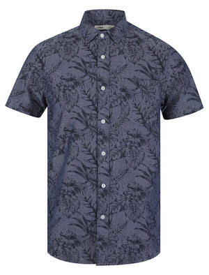 Lantana Palm Leaf Print Short Sleeve Cotton Chambray Hawaiian Style Shirt in Mid Blue - Tokyo Laundry