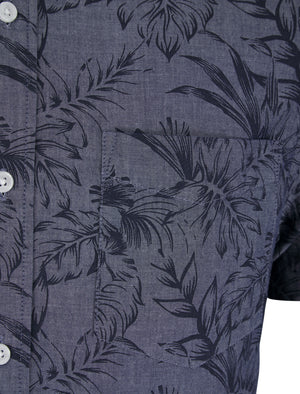 Lantana Palm Leaf Print Short Sleeve Cotton Chambray Hawaiian Style Shirt in Mid Blue - Tokyo Laundry