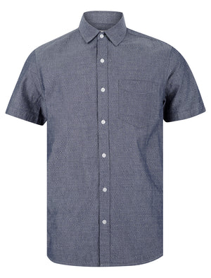 Caparica Patterned Floral Print Short Sleeve Cotton Chambray Shirt in Mid Blue - Tokyo Laundry