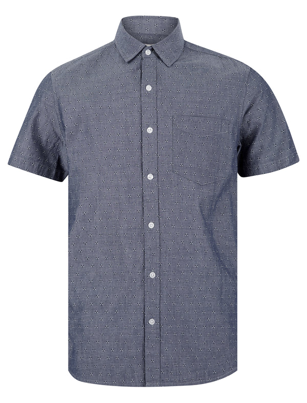 Caparica Patterned Floral Print Short Sleeve Cotton Chambray Shirt in Mid Blue - Tokyo Laundry