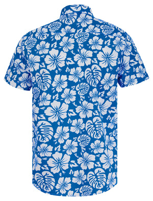 Hamoa Tropical Floral Print Short Sleeve Cotton Poplin Hawaiian Shirt in Super Sonic - Tokyo Laundry