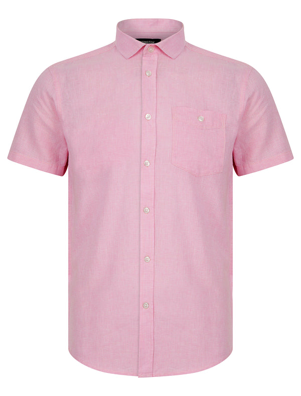 Portree Gingham Check Short Sleeve Cotton Linen Blend Shirt in Bonbon Pink - Kensington Eastside