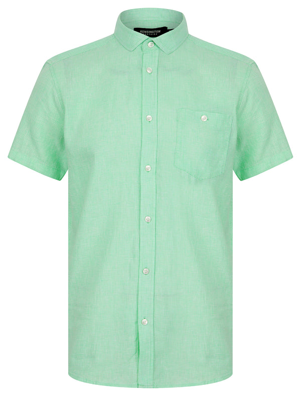 Portree Gingham Check Short Sleeve Cotton Linen Blend Shirt in Spearmint - Kensington Eastside