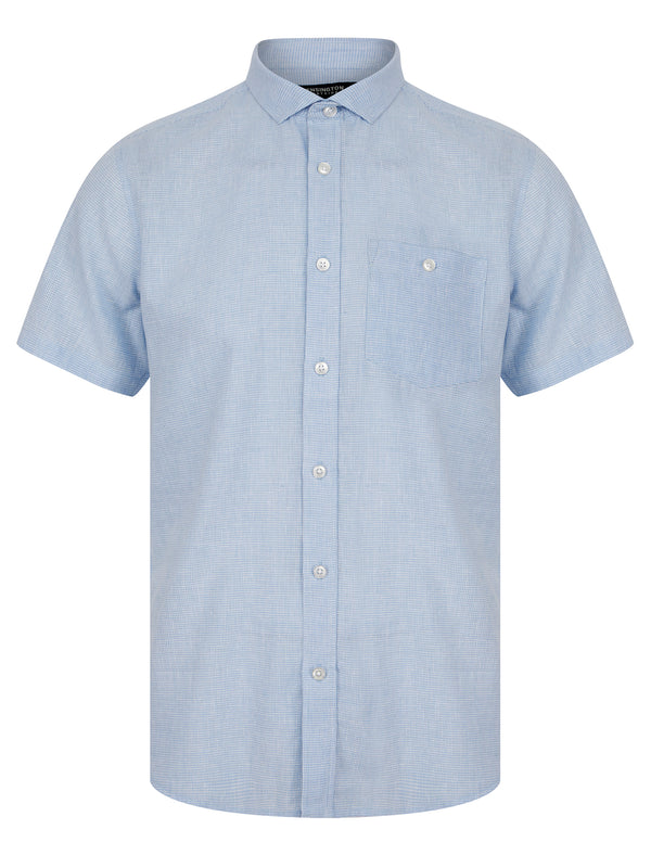 Portree Gingham Check Short Sleeve Cotton Linen Blend Shirt in Vista Blue - Kensington Eastside