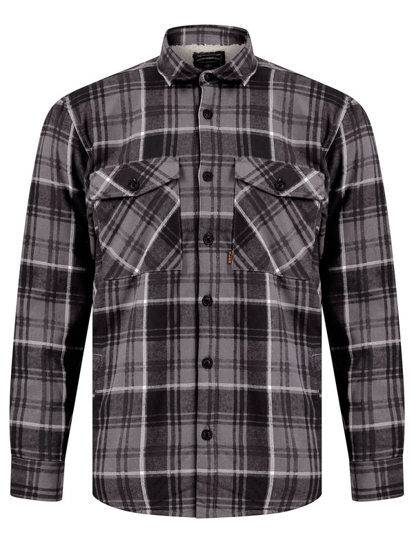 Kotka Borg Lined Cotton Flannel Checked Overshirt Jacket in Charcoal Check - Tokyo Laundry