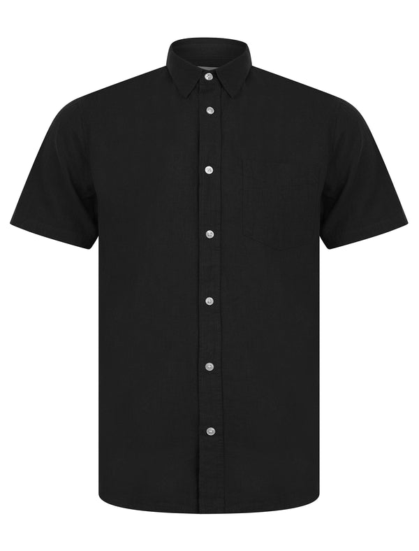 Bertrand Classic Collar Short Sleeve Cotton Linen Shirt in Jet Black - Tokyo Laundry