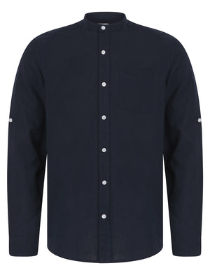 Gosier Grandad Collar Long Sleeve Cotton Linen Shirt in Sky Captain Navy - Tokyo Laundry