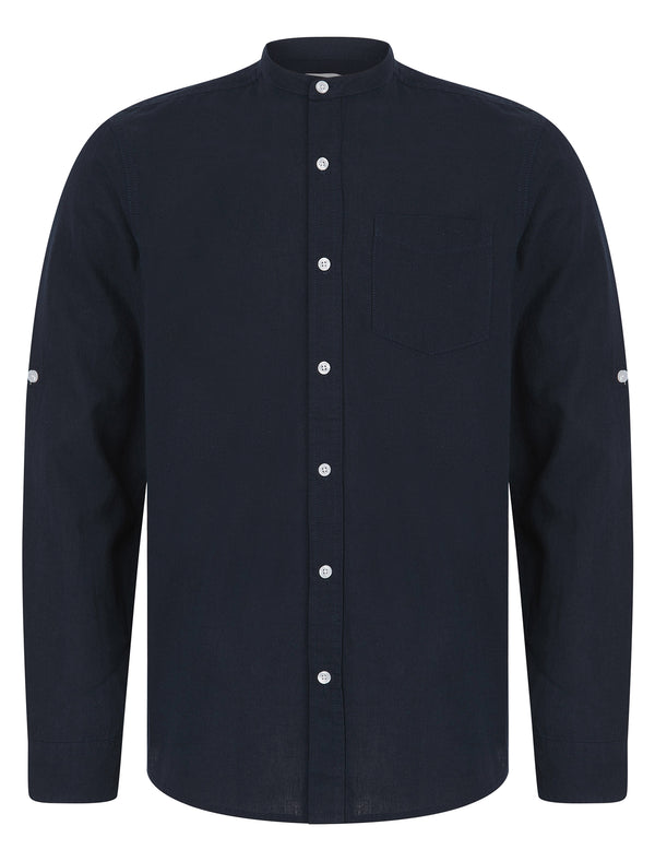 Gosier Grandad Collar Long Sleeve Cotton Linen Shirt in Sky Captain Navy - Tokyo Laundry