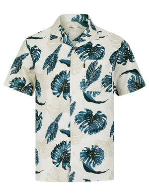 Hoja Tropical Palm Print Short Sleeve Open Collar Cotton Hawaiian Shirt in Blue Leaf - Tokyo Laundry