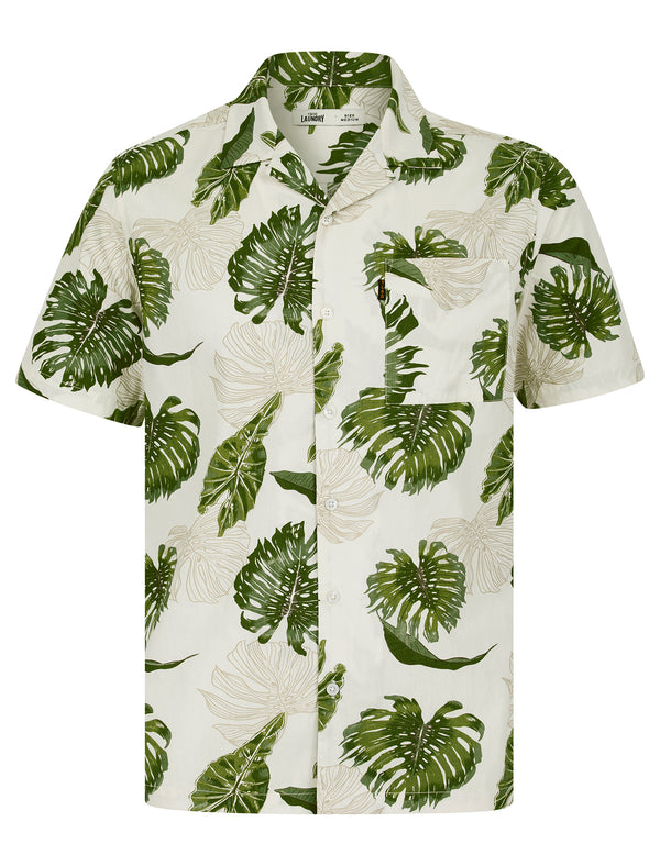 Hoja Tropical Palm Print Short Sleeve Open Collar Cotton Hawaiian Shirt in Green Leaf - Tokyo Laundry