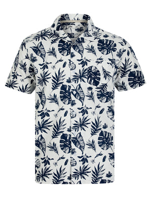 Patron de Hojas Tropical Palm Print Short Sleeve Open Collar Cotton Hawaiian Shirt in Snow White - Tokyo Laundry