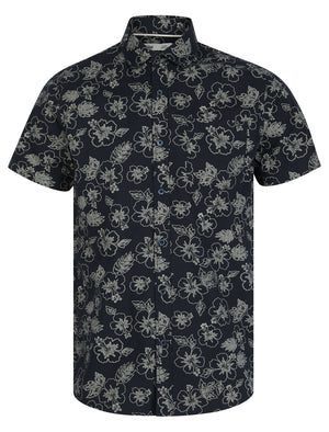 Hibisco Tropical Print Short Sleeve Cotton Hawaiian Shirt in Sky Captain Navy - Tokyo Laundry