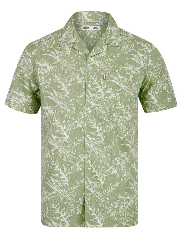 Paraiso Tropical Palm Print Short Sleeve Open Collar Cotton Hawaiian Shirt in Green Chambray - Tokyo Laundry
