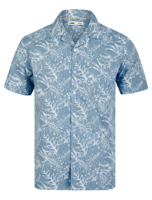 Paraiso Tropical Palm Print Short Sleeve Open Collar Cotton Hawaiian Shirt in Light Blue Chambray - Tokyo Laundry