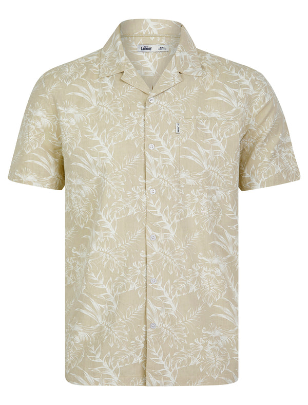 Paraiso Tropical Palm Print Short Sleeve Open Collar Cotton Hawaiian Shirt in Stone Chambray - Tokyo Laundry