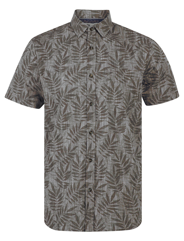 Rama Palm Leaf Print Short Sleeve Cotton Chambray Shirt in Light Grey - Tokyo Laundry