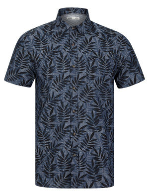 Rama Palm Leaf Print Short Sleeve Cotton Chambray Shirt in Mid Blue - Tokyo Laundry