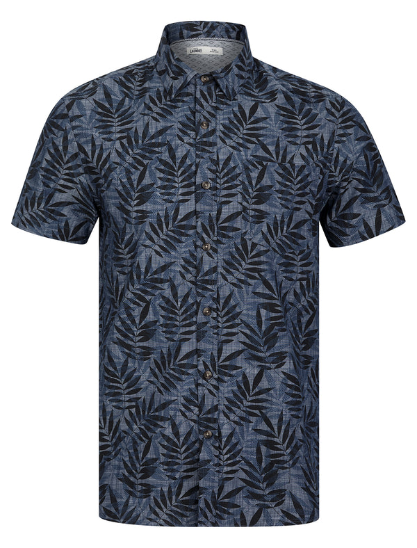 Rama Palm Leaf Print Short Sleeve Cotton Chambray Shirt in Mid Blue - Tokyo Laundry