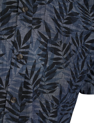 Rama Palm Leaf Print Short Sleeve Cotton Chambray Shirt in Mid Blue - Tokyo Laundry