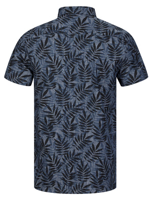 Rama Palm Leaf Print Short Sleeve Cotton Chambray Shirt in Mid Blue - Tokyo Laundry