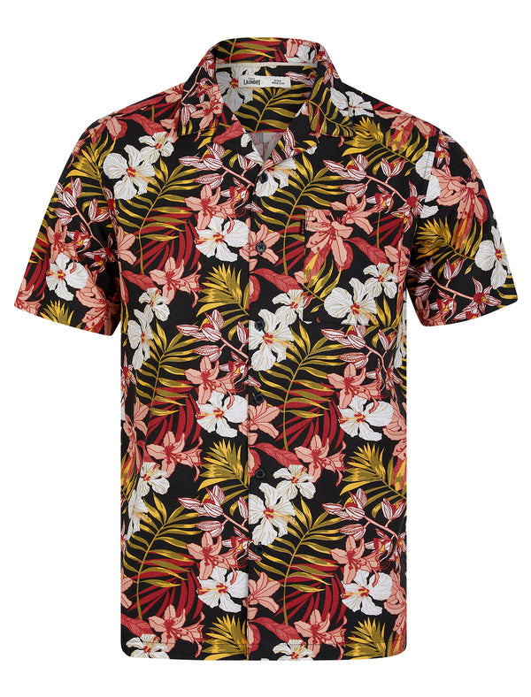 Flor Floral Print Short Sleeve Open Collar Cotton Hawaiian Shirt in Jet Black - Tokyo Laundry